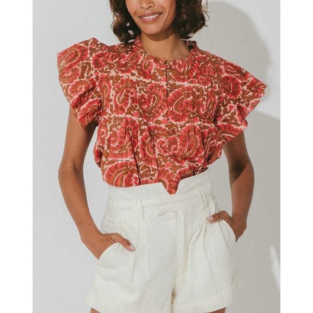 Cleobella Calla Blouse Aurora Pink Brown Flutter Sleeve Blouse Womens M - Picture 2 of 7